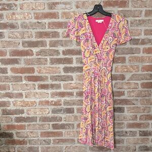 Boden wrap front multi pink paisley short sleeve knit tie back dress size 6